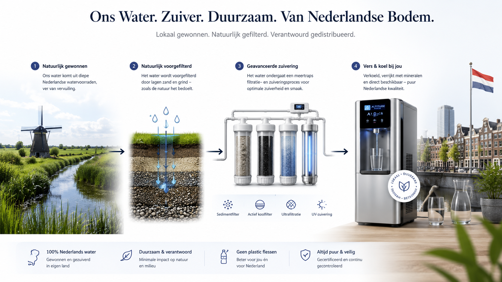 Infographic: van Nederlandse waterbron via natuurlijke voorfiltratie en meertraps zuivering naar vers, gekoeld drinkwater