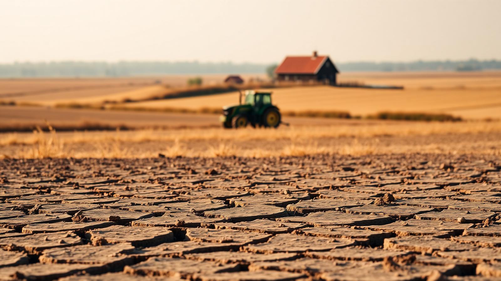 Nederlands akkerland tijdens droogte met gebarsten grond en een tractor in de verte