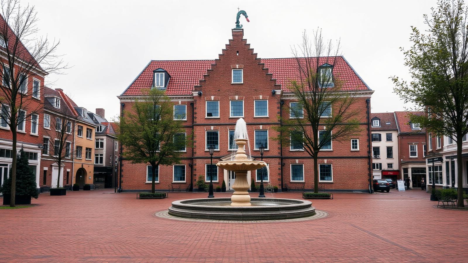 Typisch Nederlands stadsplein met historisch bakstenen gemeentehuis en publieke fontein