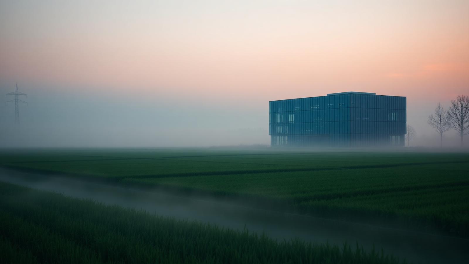 Modern Nederlands kantoorgebouw in een polderlandschap bij zonsopgang met ochtendmist