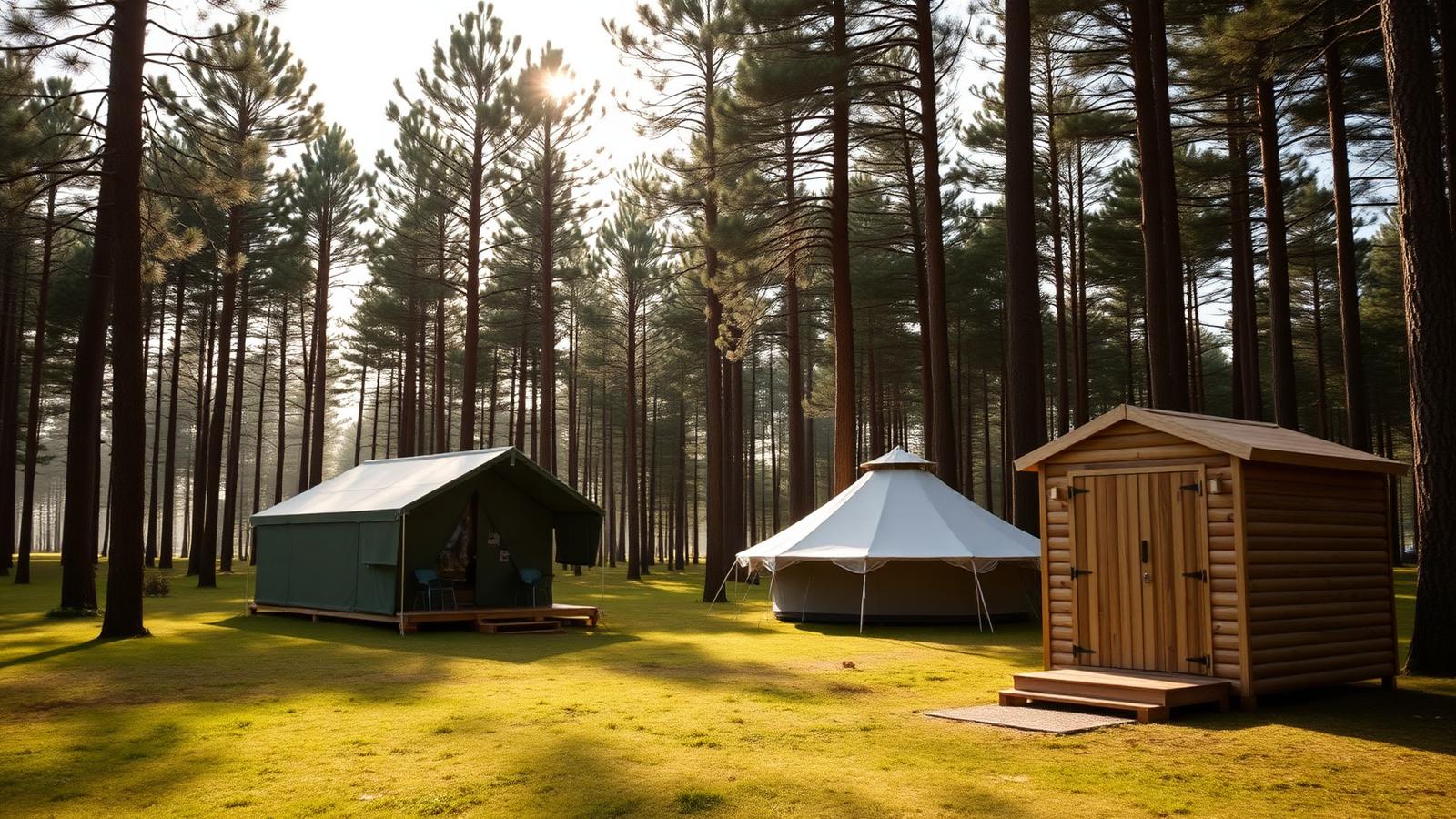Nederlandse camping op de Veluwe met safaritenten en een houten sanitairgebouw tussen dennenbomen