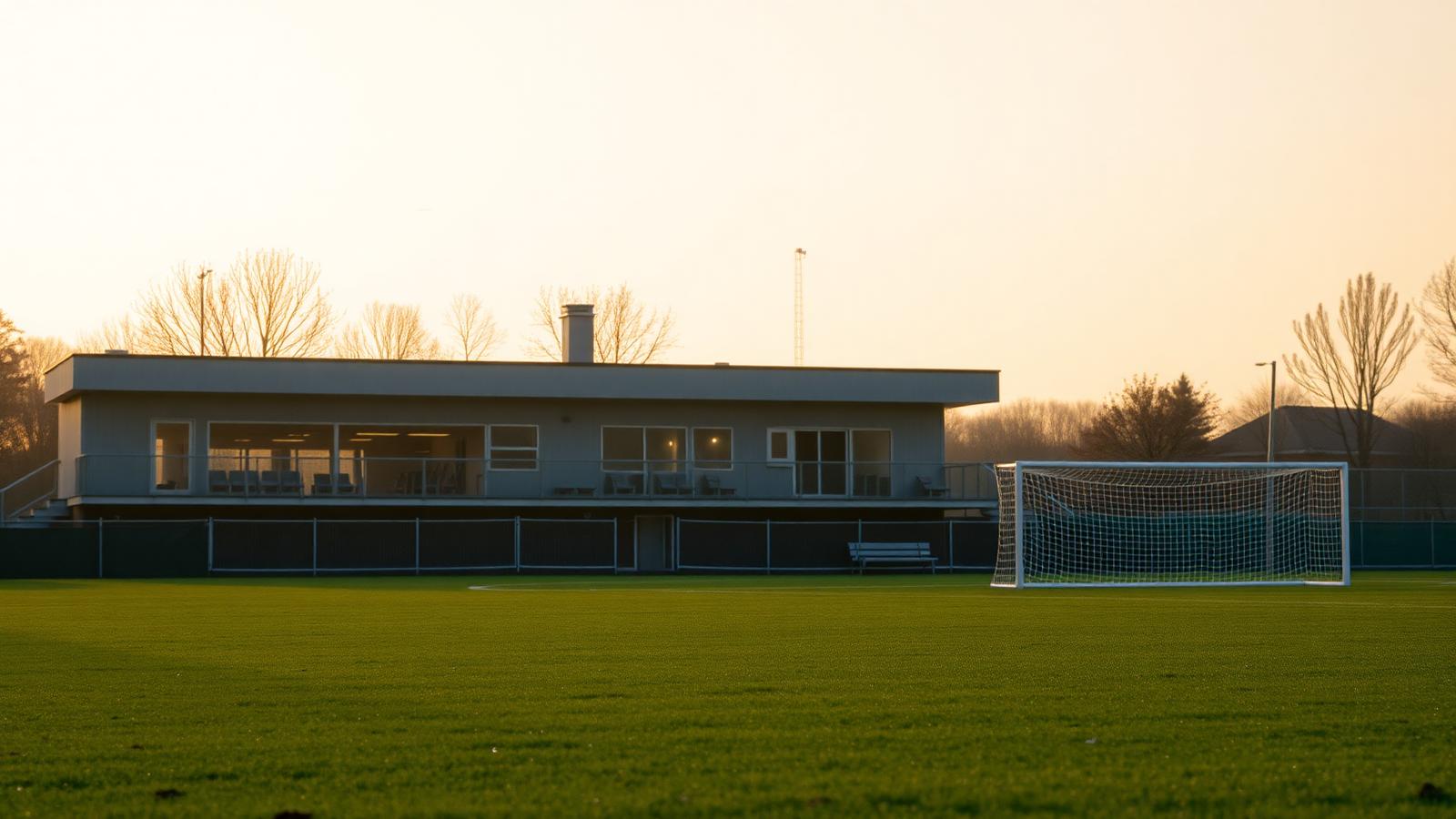 Nederlandse amateurvoetbalclub bij zonsopgang met leeg grasveld en clubhuis op de achtergrond